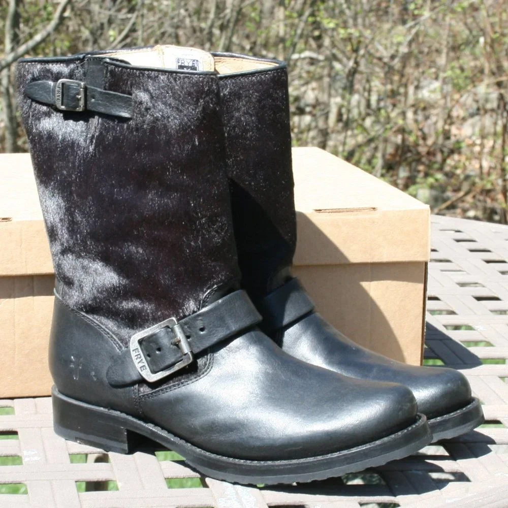 Frye Black Leather Moto Boots with Buckles - Picture 4 of 7